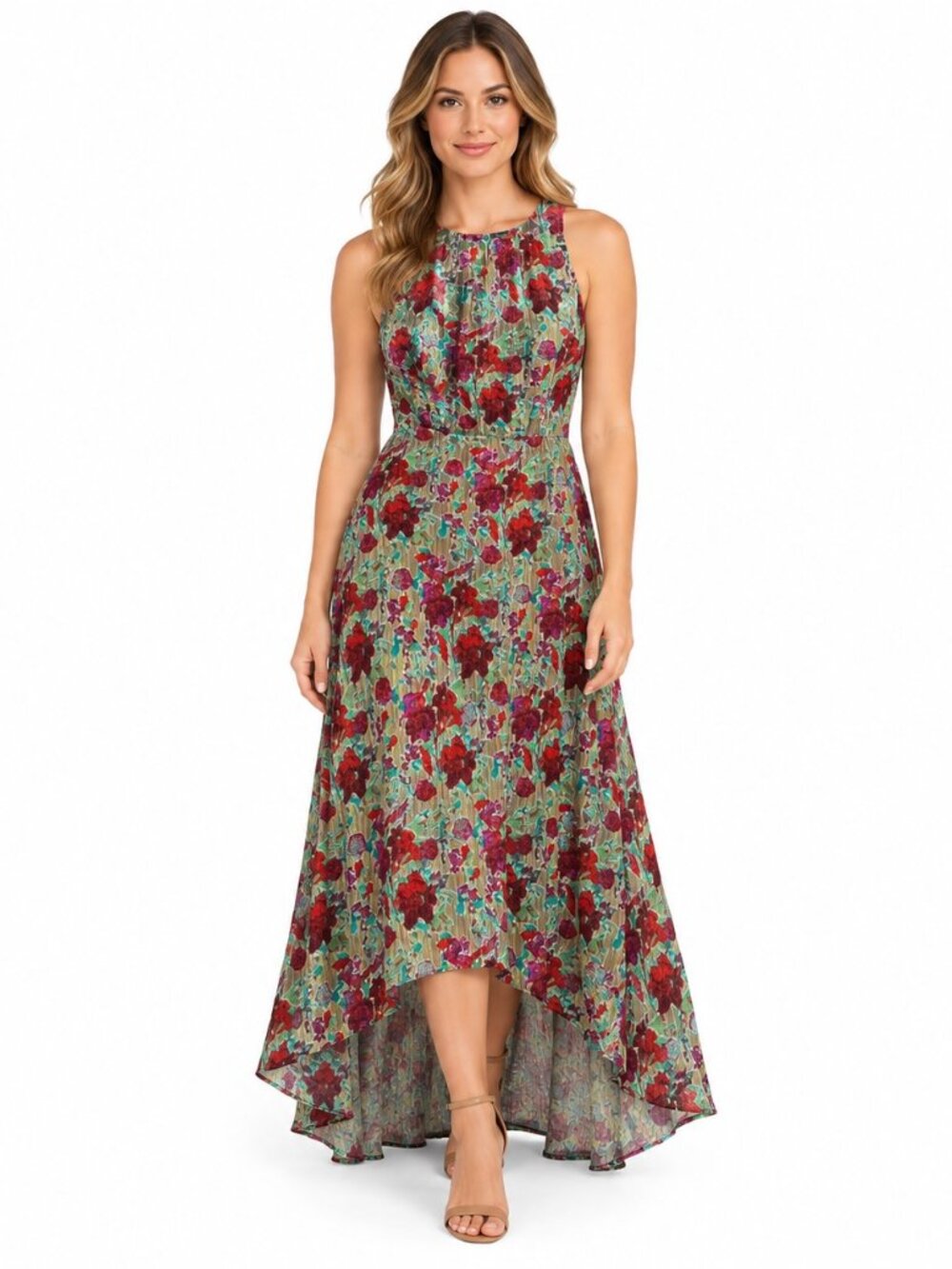Aidan Mattox Floral Maxi Dress Sleeveless High Low Hem Size 10 Boho